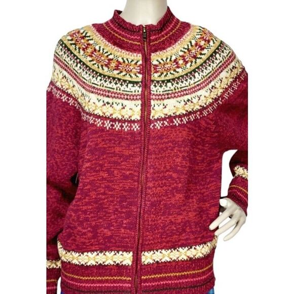 Vintage 80s Granny Core Fair Isle Knit Crochet Zip-Up Nordic Cardigan Sweater - Picture 6 of 8